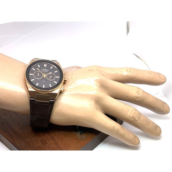 Citizen Mens Watch CA4583-01E Eco Drive Chronograph Rose Gold Brown Leather Band - Picture 5 of 15